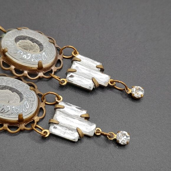 Art Deco Vauxhall Glass Reverse Carved Earrings , 3 1/2 In - Picture 11 of 12